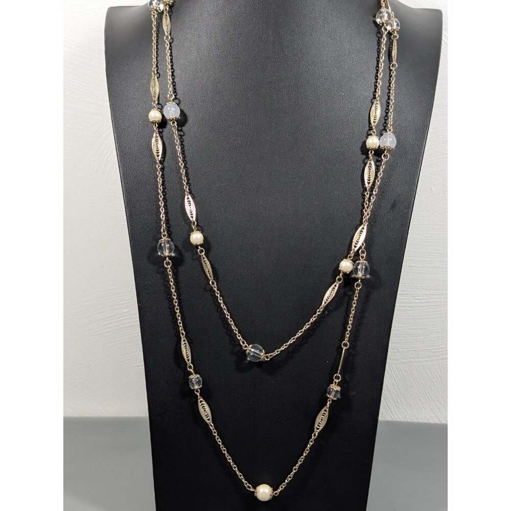 VTG Gold Tone Filigree Chain Faux Pearl Clear Lucite Long Layering Necklace 62"